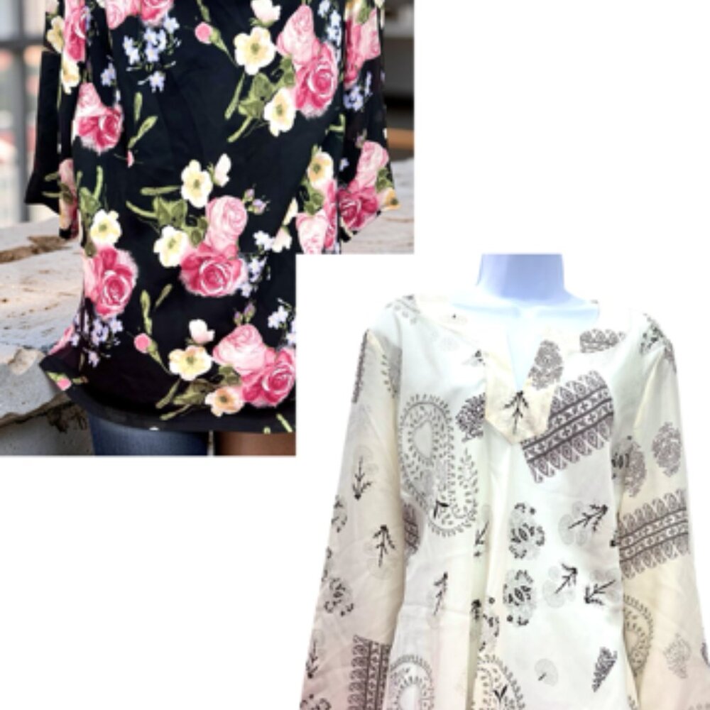 Fred David & Only Nine Blouse  XL V-Neck  pink Ivery  Flora Long Sleeve(#54 - Picture 7 of 10